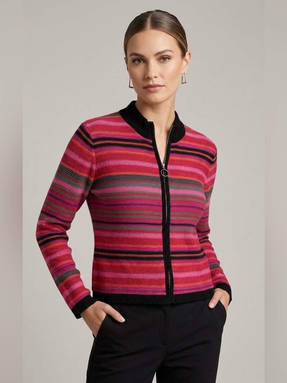 Vintage Napa Valley Petites Striped Full Zip Knit Cardigan Sweater Pink Red S
